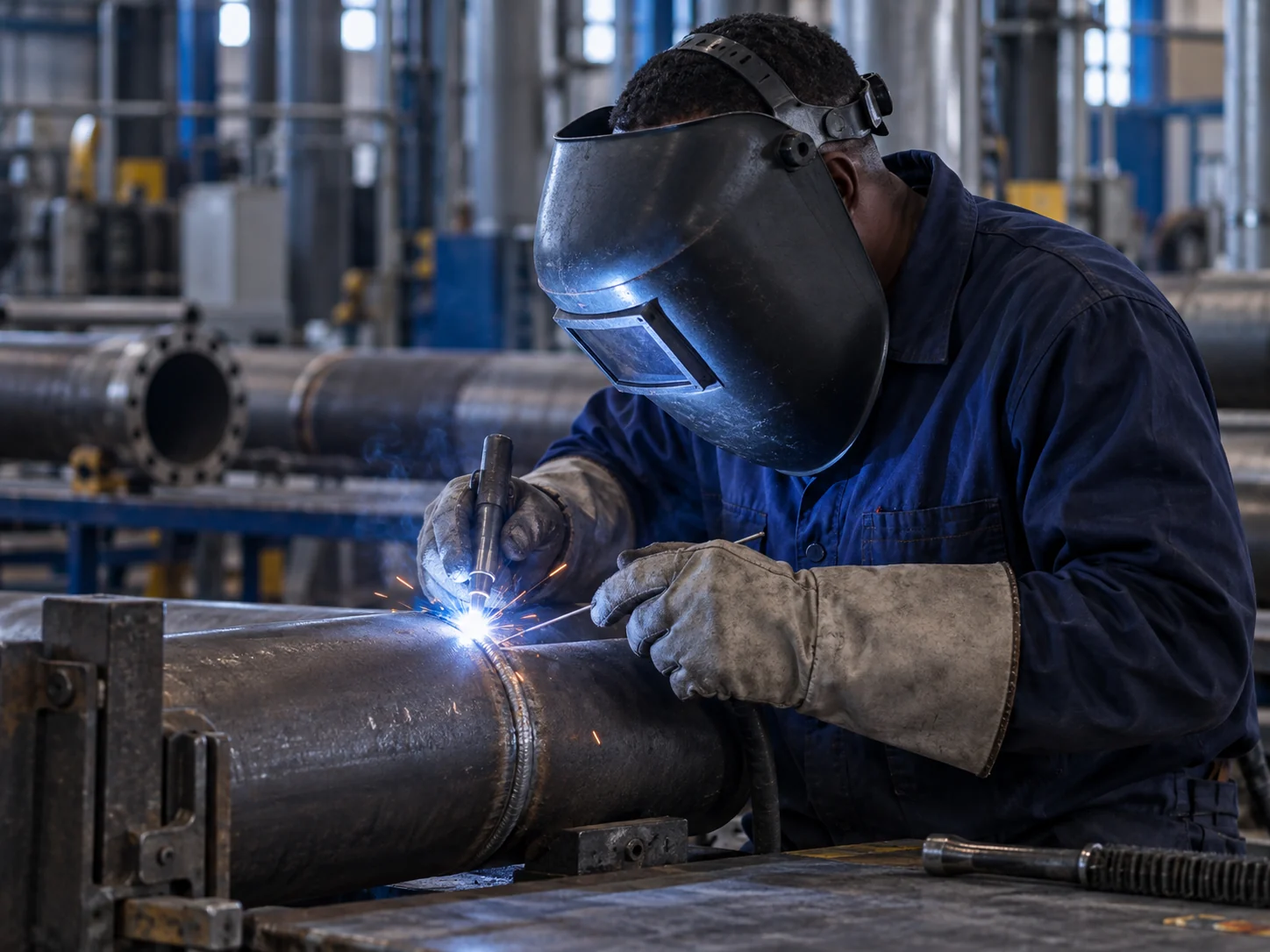 Illustration d’un soudeur équipé de protections en atelier industriel