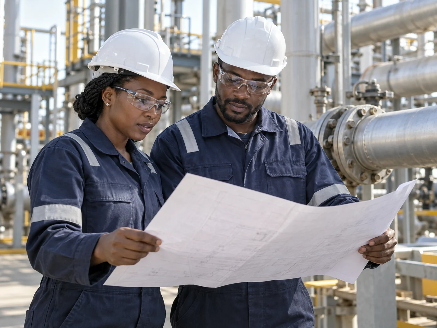 Illustration de deux spécialistes industriels étudiant les plans d’un projet